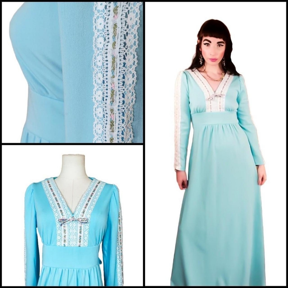Vintage 1970s Empire Waist Lace Puff Sleeve Cottagecore Peasant Maxi Dress